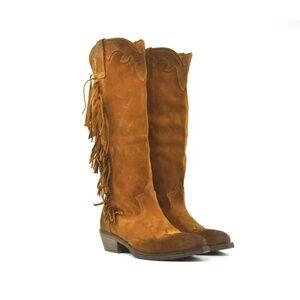 NIB Fringe Leather Suede Knee-High Boots - Brown